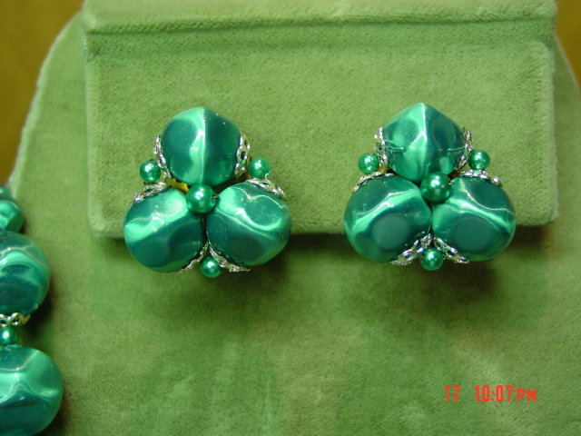 Vintage Japan Green Bead Two Strand Necklace & Clip Earrings