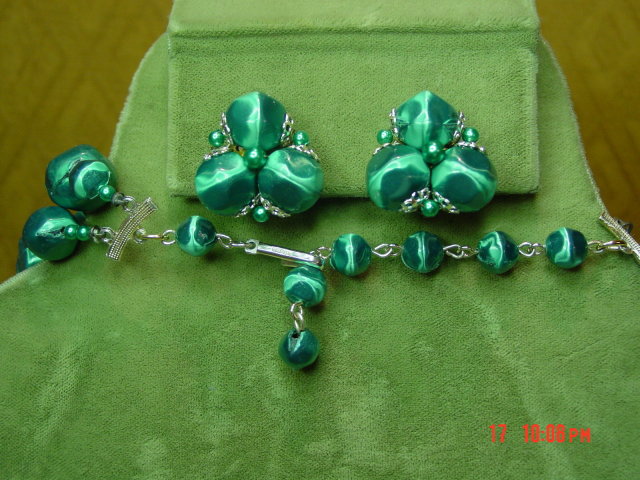 Vintage Japan Green Bead Two Strand Necklace & Clip Earrings