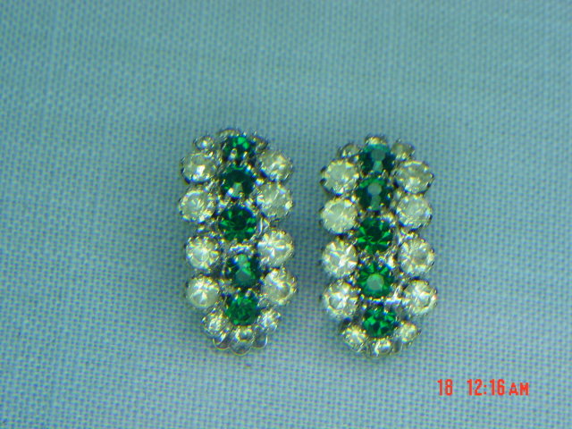Kramer Green & Clear Rhinestone Clip Earrings