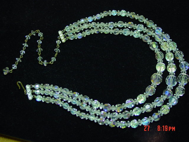 Vintage 3-Strand AB Crystal Bead Necklace