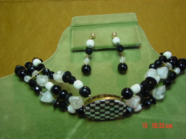 MOP Checkerboard Oval Choker Necklace & Pierced Earrings by Cynthia Jean