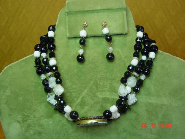 MOP Checkerboard Oval Choker Necklace & Pierced Earrings by Cynthia Jean