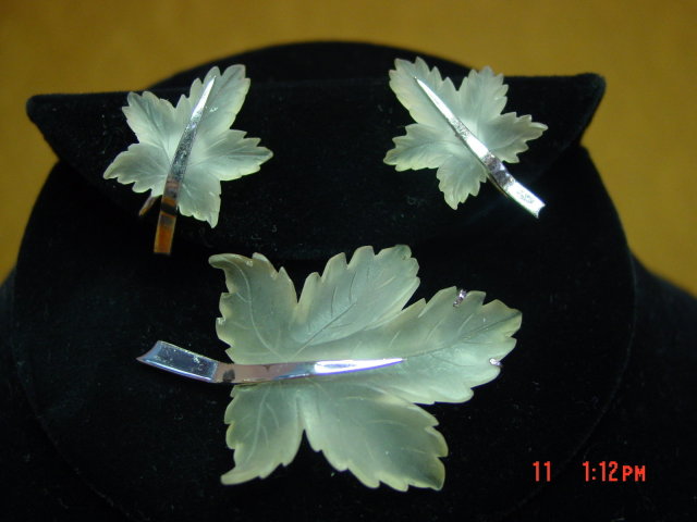 Frosted Cut Crystal & Sterling Maple Leaf Brooch & Screwback Earrings Set
