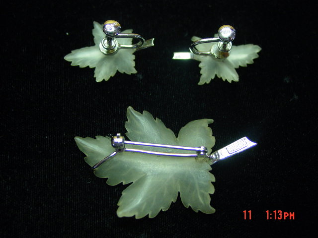 Frosted Cut Crystal & Sterling Maple Leaf Brooch & Screwback Earrings Set
