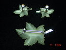 Frosted Cut Crystal & Sterling Maple Leaf Brooch & Screwback Earrings Set