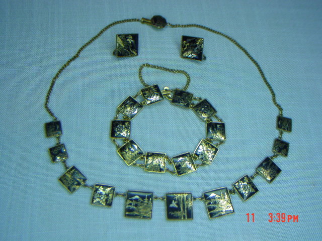 Vintage Japan Damascene 24K Necklace, Bracelet & Screwback Earrings