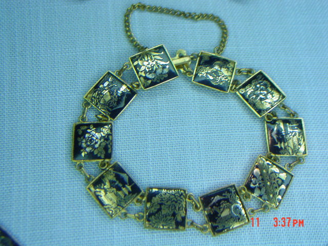 Vintage Japan Damascene 24K Necklace, Bracelet & Screwback Earrings