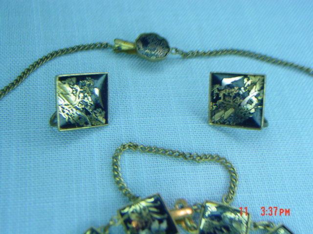 Vintage Japan Damascene 24K Necklace, Bracelet & Screwback Earrings