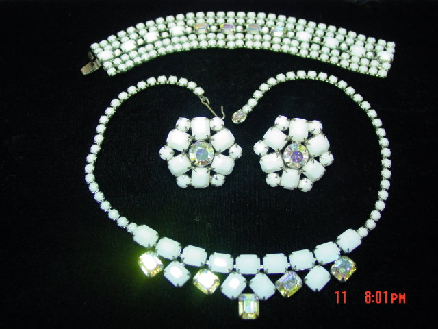 WEISS Milk Glass AB Rhinestone Necklace Bracelet Clip Earrings Parure