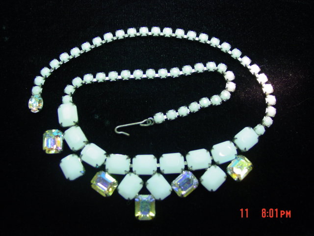 WEISS Milk Glass AB Rhinestone Necklace Bracelet Clip Earrings Parure