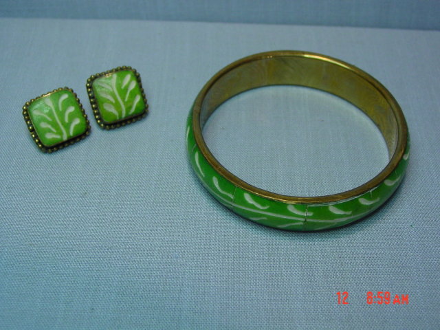 Brass Green Painted Tile Bangle Bracelet & Pierced Earrings