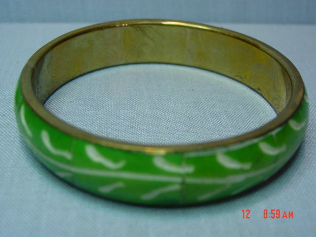 Brass Green Painted Tile Bangle Bracelet & Pierced Earrings