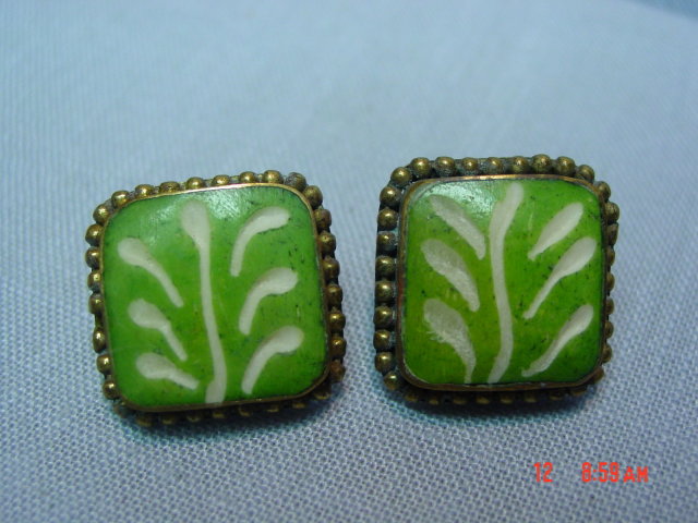 Brass Green Painted Tile Bangle Bracelet & Pierced Earrings