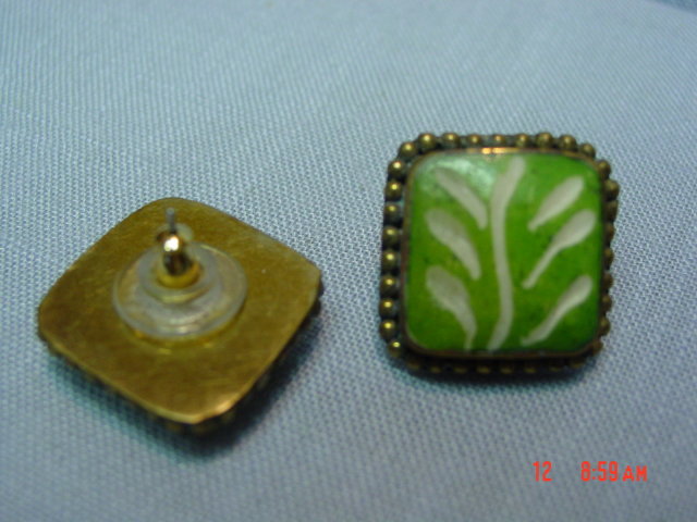 Brass Green Painted Tile Bangle Bracelet & Pierced Earrings