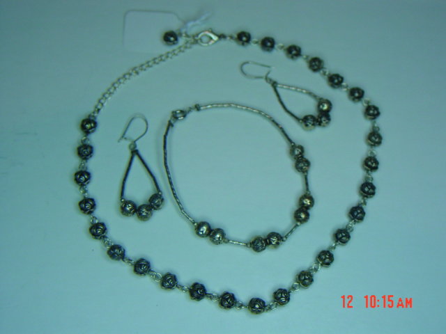 Silver Rose Bead Necklace, Bracelet & Pierced Earrings