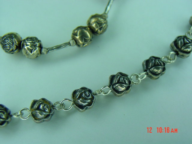 Silver Rose Bead Necklace, Bracelet & Pierced Earrings