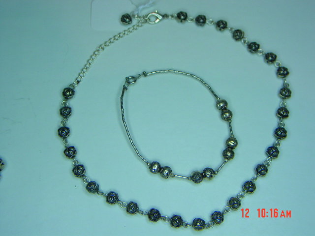 Silver Rose Bead Necklace, Bracelet & Pierced Earrings