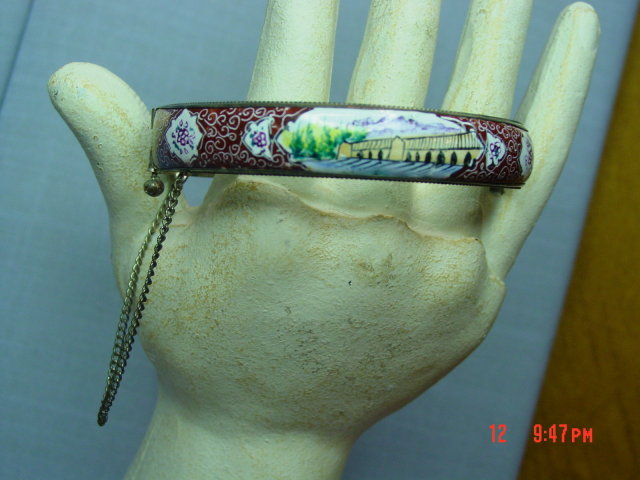 Antique Iran Scenic Enameled Hinged Bracelet