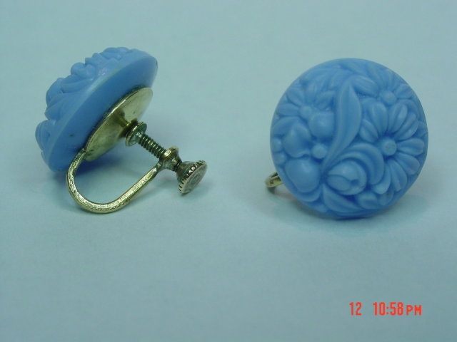 Baby Blue Celluloid Flower Screwback Earrings