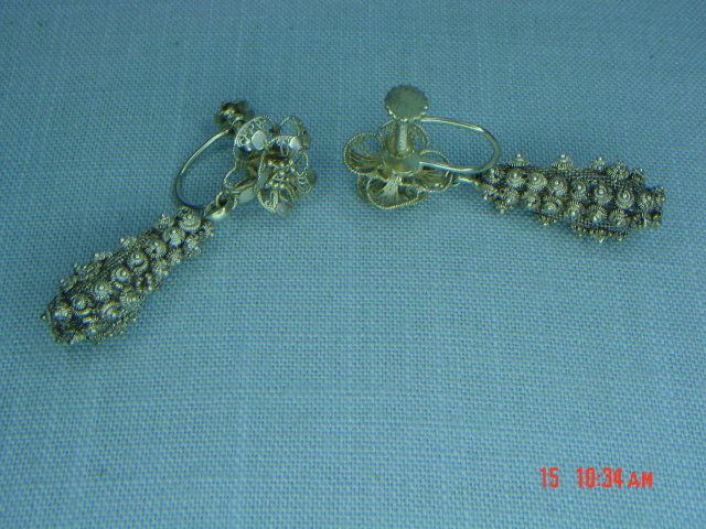 Antique Sterling Silver Filigree Flower Screwback Earrings