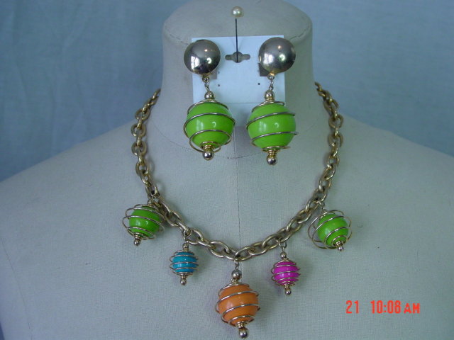 Vintage Colorful Wire Wrapped Bead Necklace & Clip Earrings