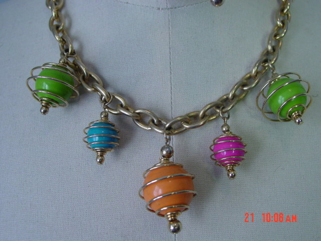 Vintage Colorful Wire Wrapped Bead Necklace & Clip Earrings