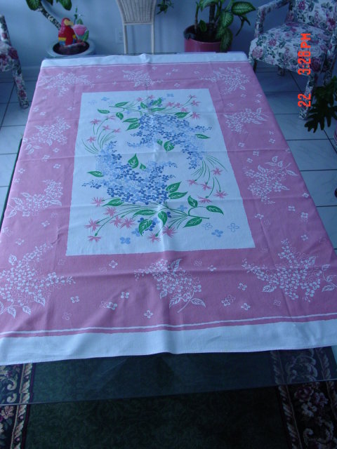Vintage 44x66 Pink & White Floral Printed Cotton Tablecloth