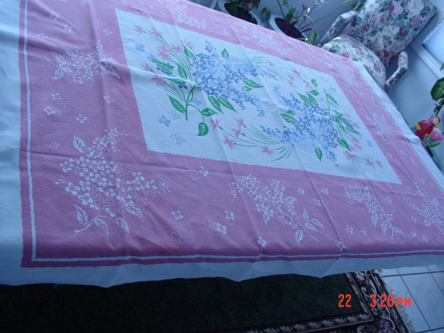 Vintage 44x66 Pink & White Floral Printed Cotton Tablecloth