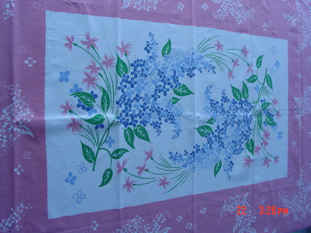 Vintage 44x66 Pink & White Floral Printed Cotton Tablecloth