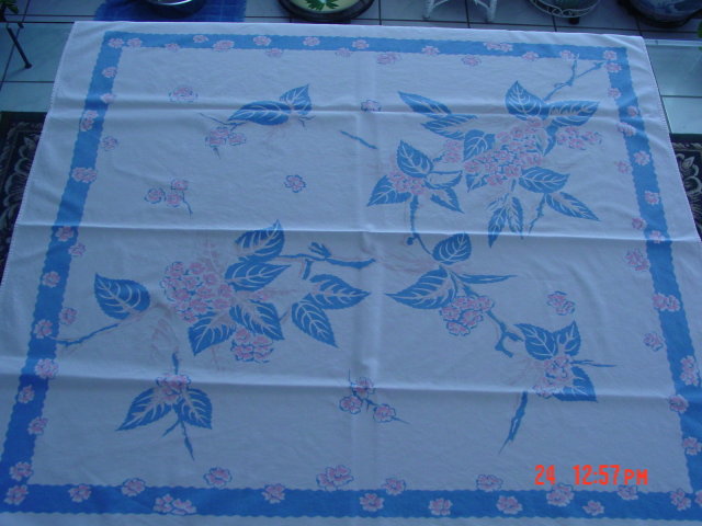 Vintage Blue Pink & Cream Floral 44x48 Linen Tablecloth
