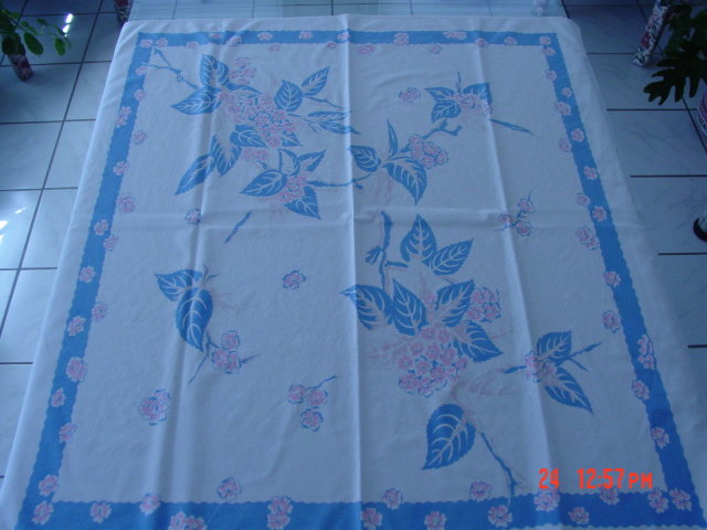 Vintage Blue Pink & Cream Floral 44x48 Linen Tablecloth