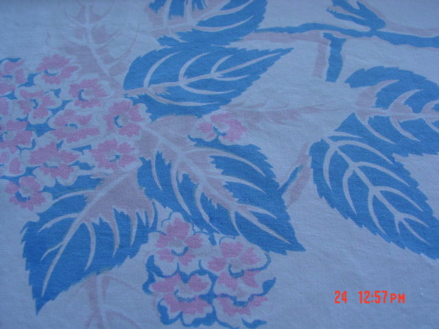 Vintage Blue Pink & Cream Floral 44x48 Linen Tablecloth