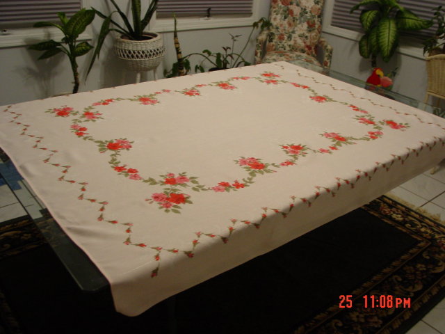 Pale Pink Linen Tablecloth with Stamped Roses