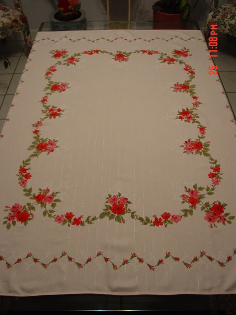 Pale Pink Linen Tablecloth with Stamped Roses