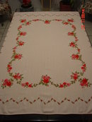 Pale Pink Linen Tablecloth with Stamped Roses