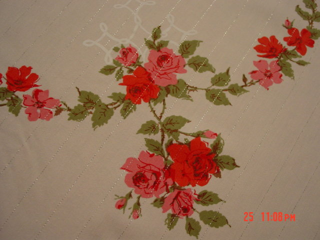 Pale Pink Linen Tablecloth with Stamped Roses