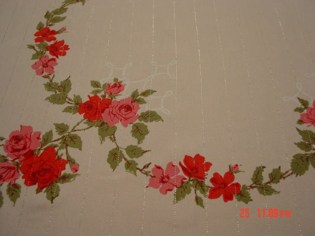 Pale Pink Linen Tablecloth with Stamped Roses