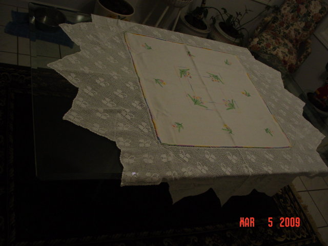 Embroidered Linen Tablecloth with Crochet Lace