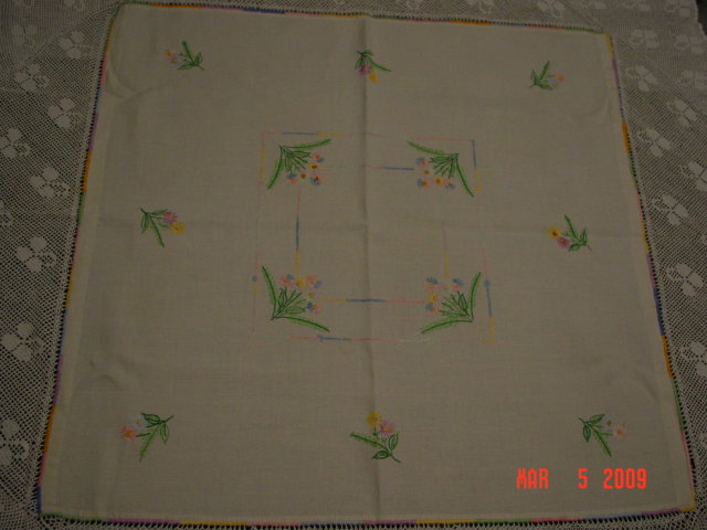 Embroidered Linen Tablecloth with Crochet Lace