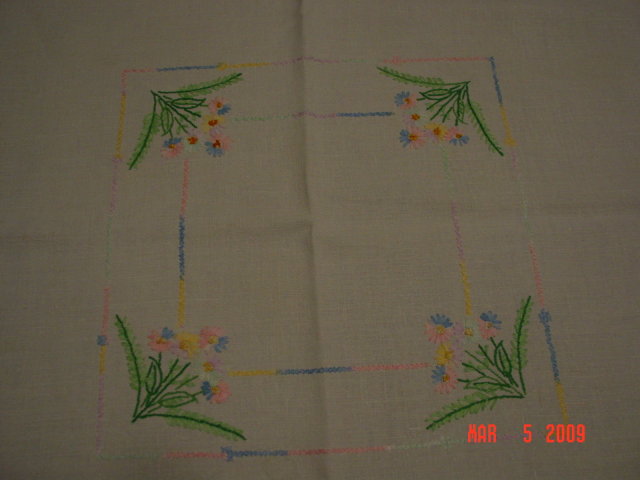 Embroidered Linen Tablecloth with Crochet Lace