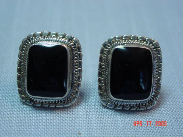 Taxco Sterling & Black Onyx Clip Earrings