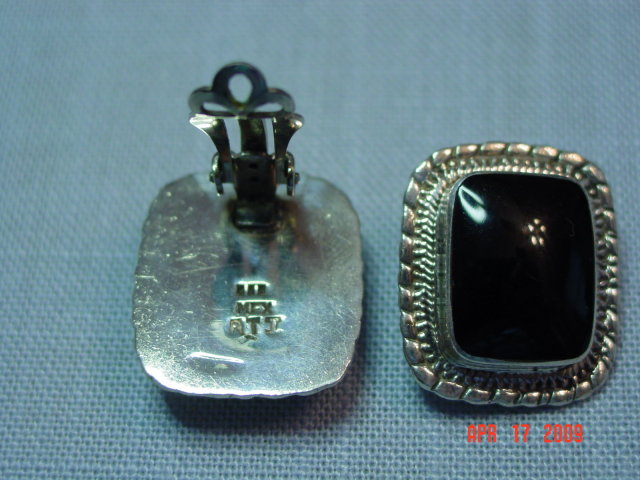 Taxco Sterling & Black Onyx Clip Earrings