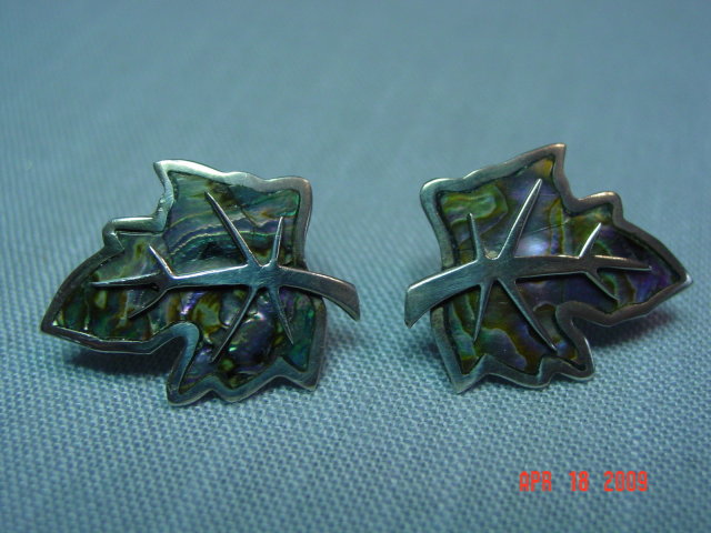 Mexico Sterling Abalone Inlay Leaf Screwback Earrings