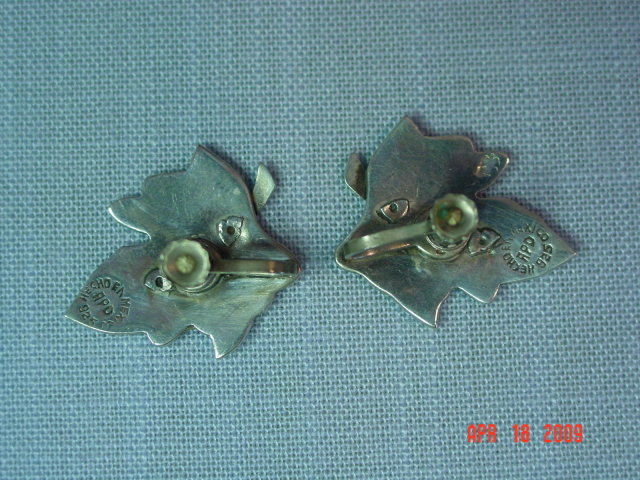 Mexico Sterling Abalone Inlay Leaf Screwback Earrings