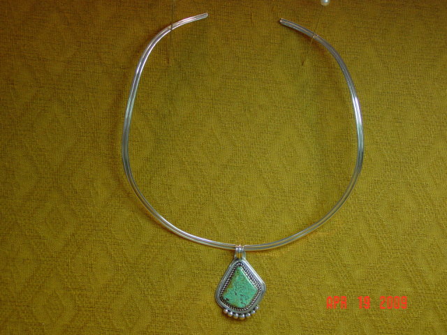 Signed Sterling Silver & Turquoise Pendant & Molded Choker Necklace