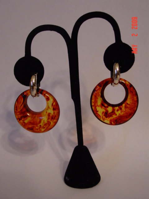 Vintage Yellow & Brown Swirl Bakelite Hoop Clip Earrings