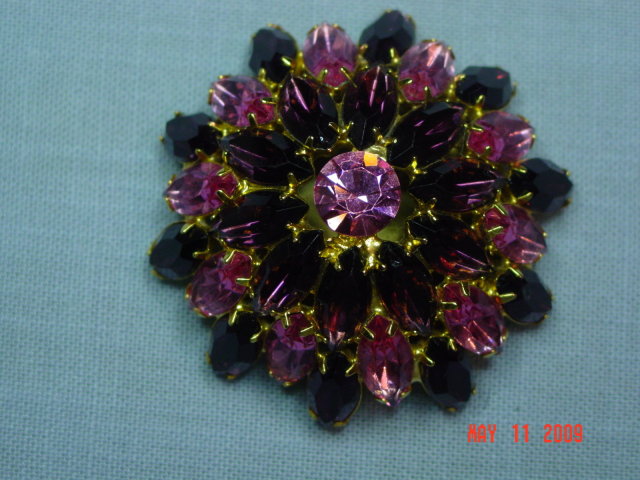 Vintage Round Purple & Pink Rhinestone Brooch
