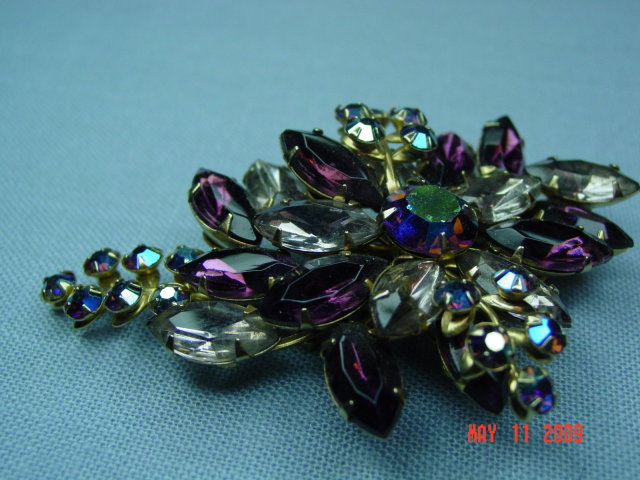 Vintage Purple Rhinestone Flower Swag Brooch