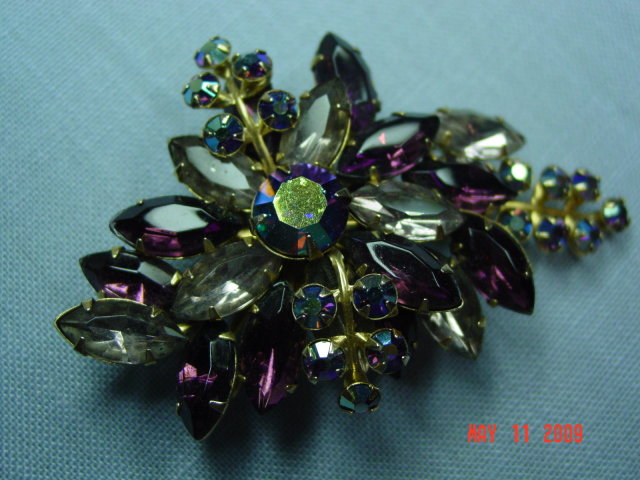 Vintage Purple Rhinestone Flower Swag Brooch