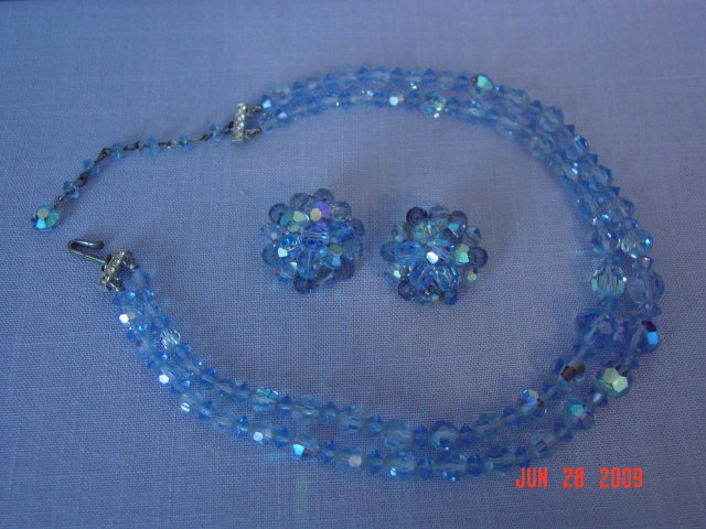 Baby Blue Crystal Bead Necklace & Clip Earrings